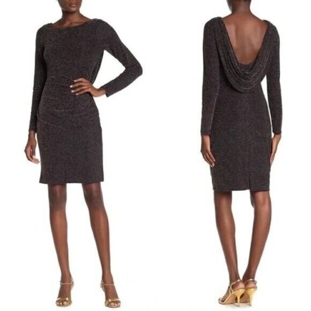 Marina Black & Gold Long Sleeve Scoop Back Mini Dress 6